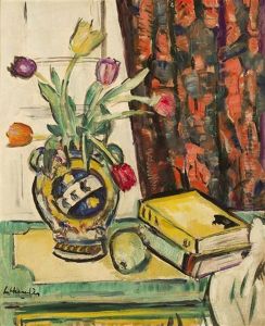 Still Life: Books And A Pear And Tulips In A Vase