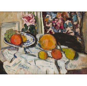 A Still Life With Fruit And Flowers On A White Cloth by George Leslie Hunter