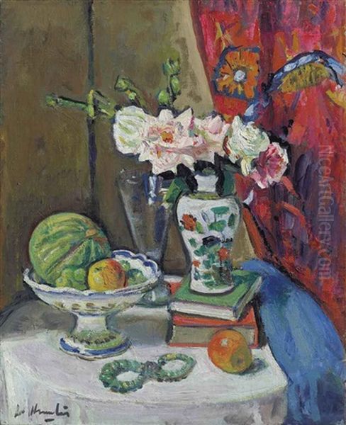 Pink Roses, Red Curtain In Background, Green Melon And Jade Necklace - view 1