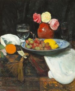 Still Life With Roses, Fruit And Wine Glass by George Leslie Hunter