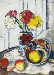 Still Life Of Apples And Flowers In A Blue Vase by George Leslie Hunter