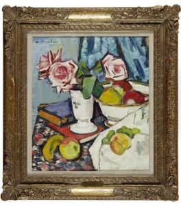 Still Life With Pink Roses And Fruit by George Leslie Hunter