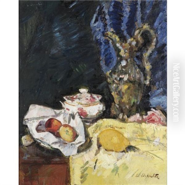 Still Life With Fruit, A Ewer And An Ecuelle On A Yellow Drape (+ A Fife Landscape, Verso) - view 1