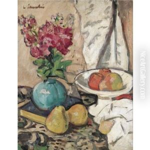 Still Life With Fruit And Flowers In A Green Vase (+ Composition Sketch, Verso) by George Leslie Hunter