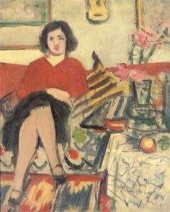 Girl In A Red Pullover, Seated On Sofa, And Flowers (+ Still Life With Melon And Grapes, Verso) by George Leslie Hunter
