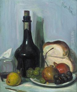 Still Life Of A Bottle, Bread And Fruit by George Leslie Hunter