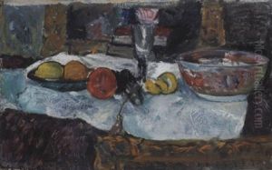 Still Life With Fruit And A Chinese Bowl On A Table by George Leslie Hunter