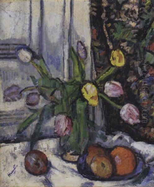 Still Life With Yellow, Pink And White Tulips In A Glass Vase - view 1