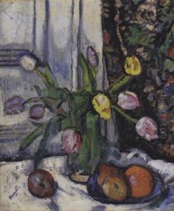 Still Life With Yellow, Pink And White Tulips In A Glass Vase by George Leslie Hunter