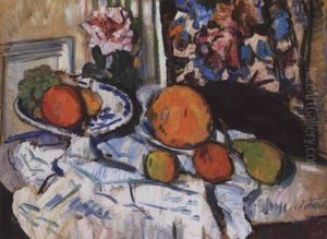 Still Life With Fruit And Flowers On A White Cloth by George Leslie Hunter