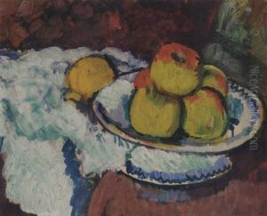 Still Life With Apples On A Fruit Stand by George Leslie Hunter