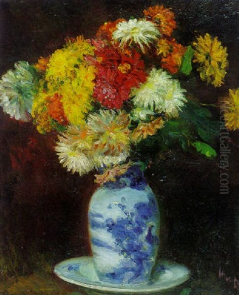 Still Life With Mixed Chrysanthemums In A Blue And White Vase - view 1