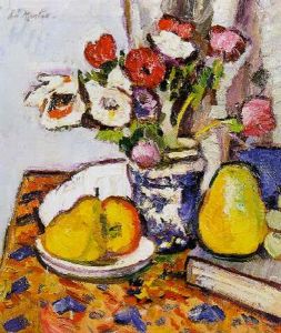 Anemones In A Blue And White Vase With Apples, Grapes And Pears On A Draped Table by George Leslie Hunter