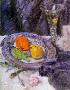 Fruit On A Blue And White Plate With A Trumpet-shaped Wine Glass And A Pink On A Draped Table by George Leslie Hunter