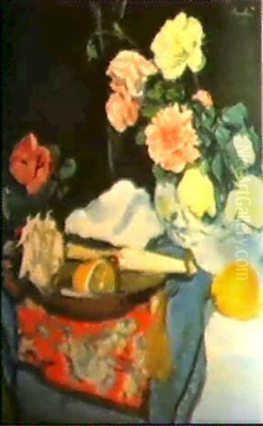 A Still Life Of Fruit And Flowers On A Draped Table - view 1