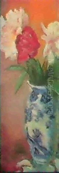 Red And White Roses In A Blue And White Vase - view 1