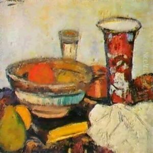 A Still Life Of Vases And A Bowl On A Table Top by George Leslie Hunter