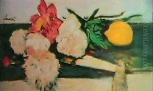 A Still Life With A Lemon, Carnations And A Fan On A Table by George Leslie Hunter
