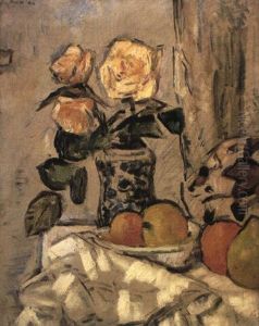 Yellow Roses In A Vase With Mixed Fruit On A Draped Table