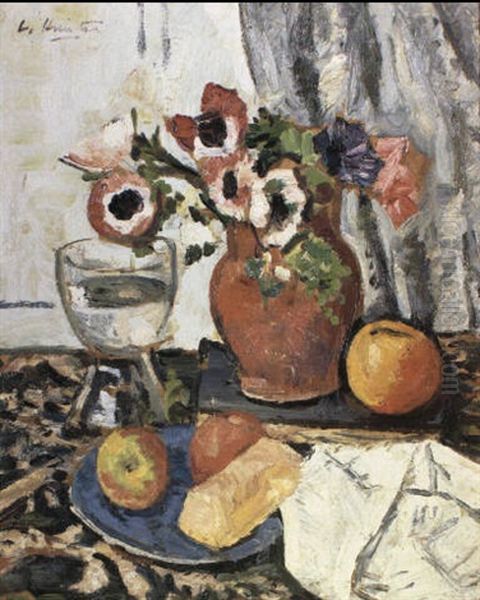 Anemones In A Red Pottery Vase With A Wine Glass And Apples On A Plate - view 1