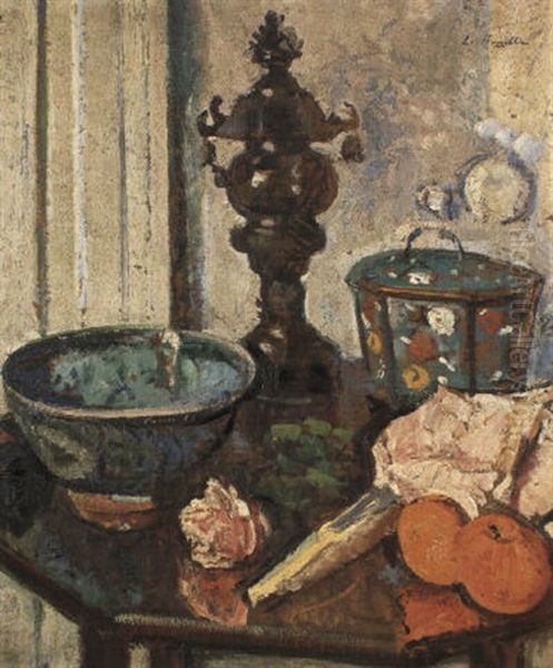 Oriental Bronze Vase And Cover, Tea Caddy, Fruit Bowl And Oranges On A Table - view 1