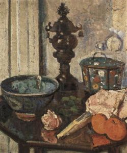 Oriental Bronze Vase And Cover, Tea Caddy, Fruit Bowl And Oranges On A Table by George Leslie Hunter