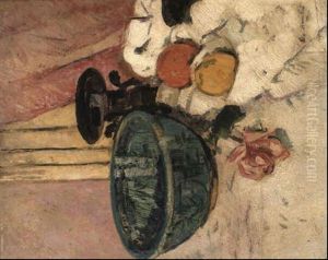 Fruit Bowl, Lemon, Orange And A Rose On A Draped Table