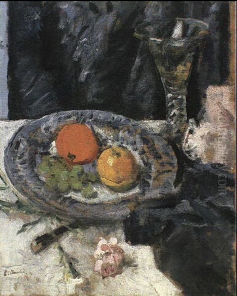 Mixed Fruit On A Plate With A Wine Glass And Carnation On A Table - view 1