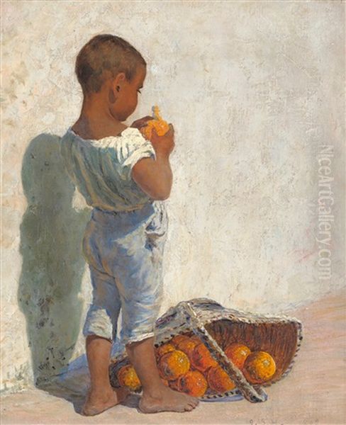 African Child Peeling An Orange By A Sun Drenched Wall - view 1