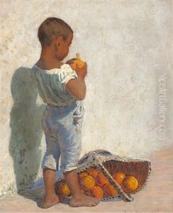 African Child Peeling An Orange By A Sun Drenched Wall by George Sherwood Hunter