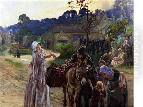 A Peddler Selling Ribbons From A Donkey In A Village - view 1