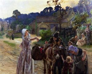 A Peddler Selling Ribbons From A Donkey In A Village by John Young Hunter