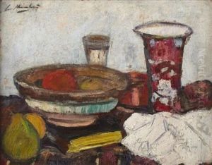 A Still Life Of Fruit And Vase On A Table-top A Still Life Of Fruit And Vase On A Table-top