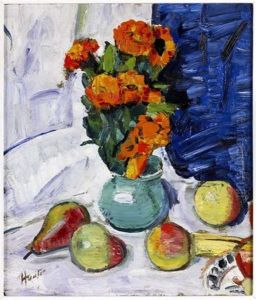 Still Life Of Marigolds And Blue Curtain