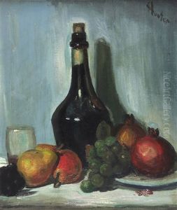 Still Life Of Fruit And Wine Bottle by Leslie Hunter