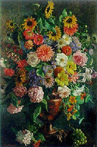 Still Life With Roses, Sunflowers And Chrysanthemums In A Lustre Vase - view 1