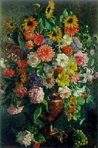 Still Life With Roses, Sunflowers And Chrysanthemums In A Lustre Vase