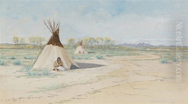 Sioux Indians, Montana, Figures Sitting Outside Teepees - view 1