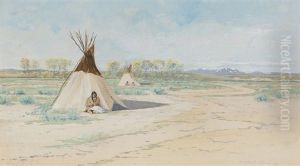 Sioux Indians, Montana, Figures Sitting Outside Teepees by Dwight W. Huntington