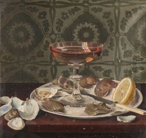 Stilleben Mit Weinschale, Muscheln Und Zitrone. Stilleben Mit Weinglas, Trauben Und Nussen. Gegenstucke by Werner Hunzinger