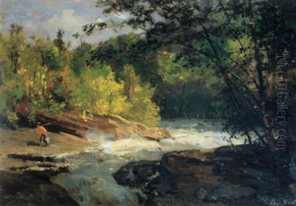 Hunter By A Cascading River - view 1
