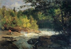 Hunter By A Cascading River by Charles Edouard Masson Huot