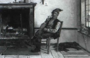 Habitant By A Fireplace by Charles Edouard Masson Huot