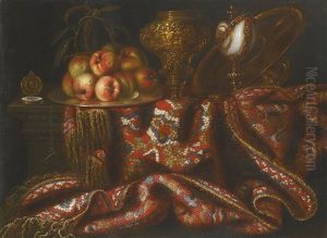 Still Life With Peaches, A Nautilus Cup And A Pocket Watch With A Persian Rug by Jacques Hupin