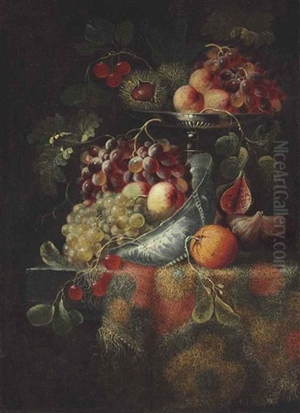 Chestnuts, Cherries, Peaches, And Grapes In A Silver Tazza And Porcelain Bowl On A Partially Draped Table With An Orange And Figs - view 1