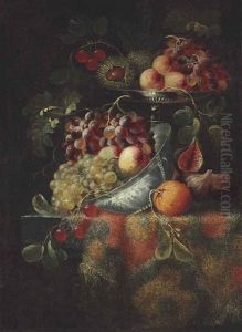 Chestnuts, Cherries, Peaches, And Grapes In A Silver Tazza And Porcelain Bowl On A Partially Draped Table With An Orange And Figs by Jacques Hupin