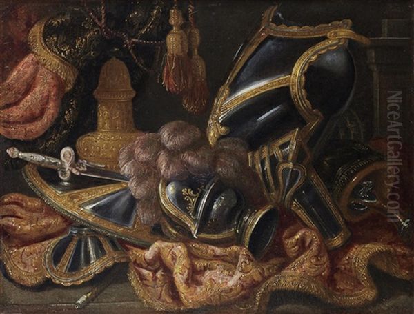 A Plumed Helmet With A Shield And A Cuirass On A Draped Table Before A Curtain - view 1