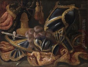 A Plumed Helmet With A Shield And A Cuirass On A Draped Table Before A Curtain