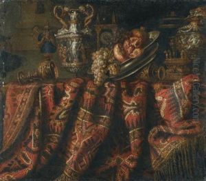 A Still Life With Pomegranates, And Grapes On A Table Draped With An Ornate Turkish Carpet And Assorted Orfevrerie by Jacques Hupin