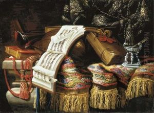 A Still Life With Musical Instruments, A Score, A Book, An Inkwell And A Rug Draped Over A Stone Ledge by Jacques Hupin